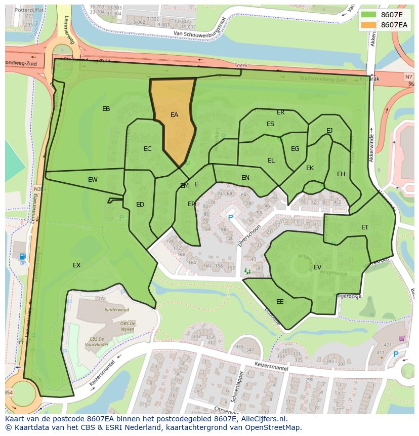 Afbeelding van het postcodegebied 8607 EA op de kaart.