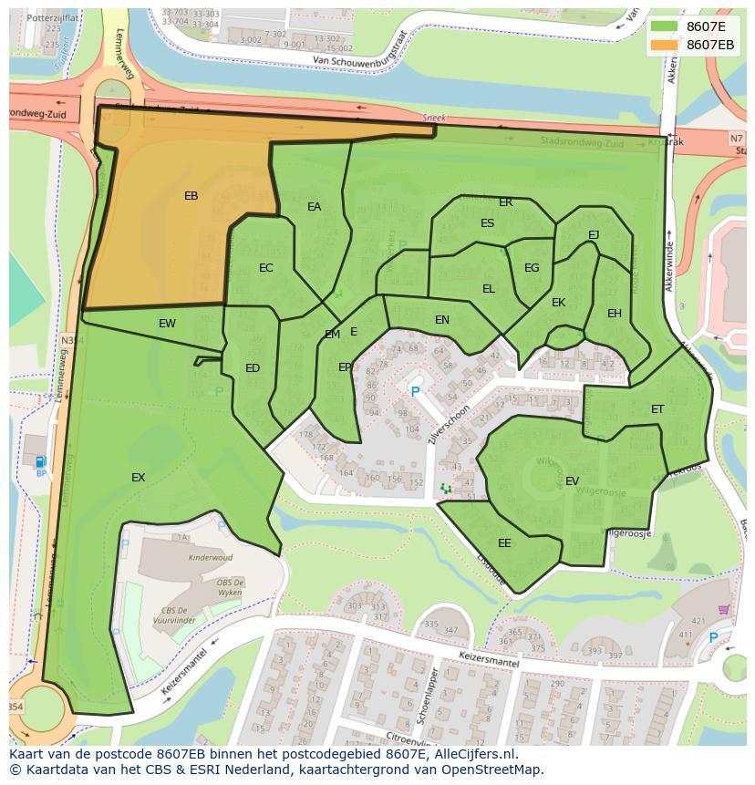 Afbeelding van het postcodegebied 8607 EB op de kaart.