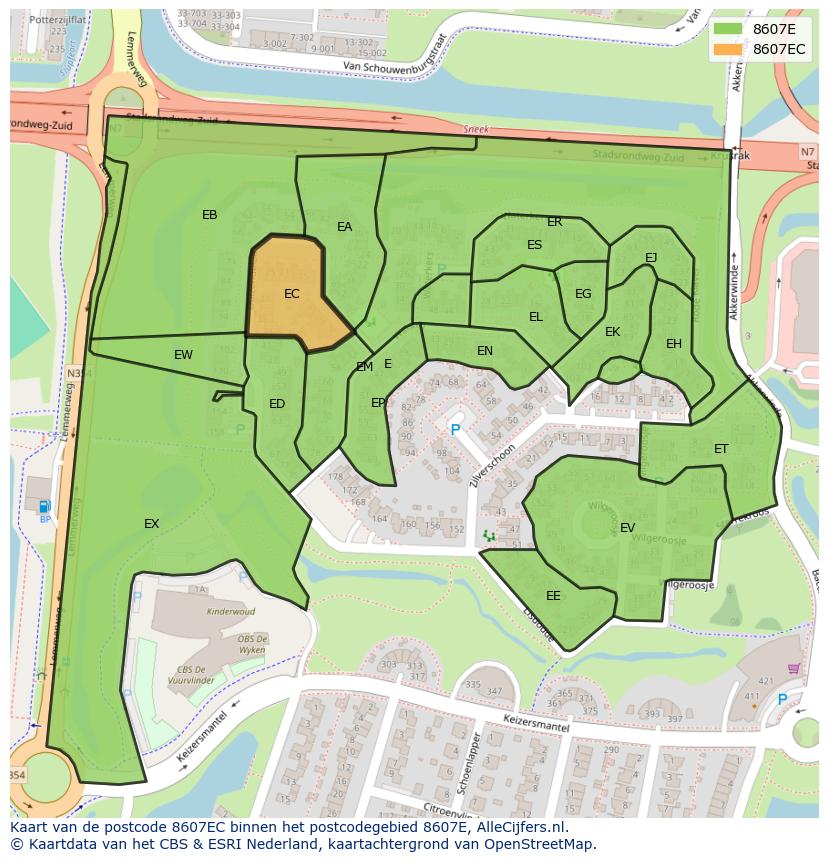 Afbeelding van het postcodegebied 8607 EC op de kaart.