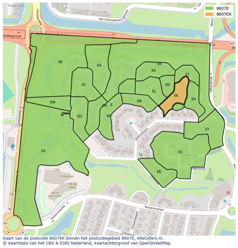 Afbeelding van het postcodegebied 8607 EK op de kaart.