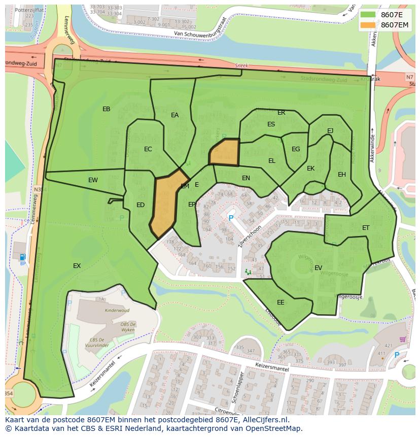 Afbeelding van het postcodegebied 8607 EM op de kaart.