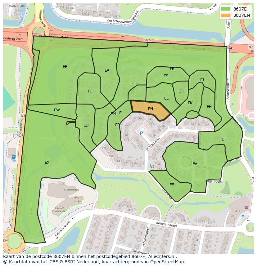 Afbeelding van het postcodegebied 8607 EN op de kaart.