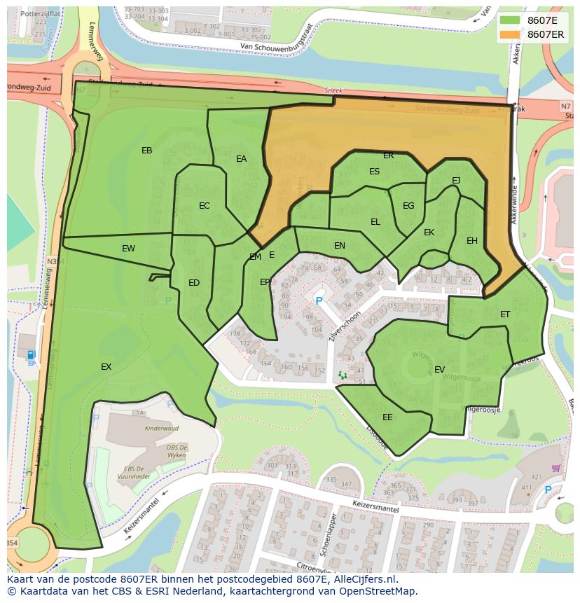 Afbeelding van het postcodegebied 8607 ER op de kaart.