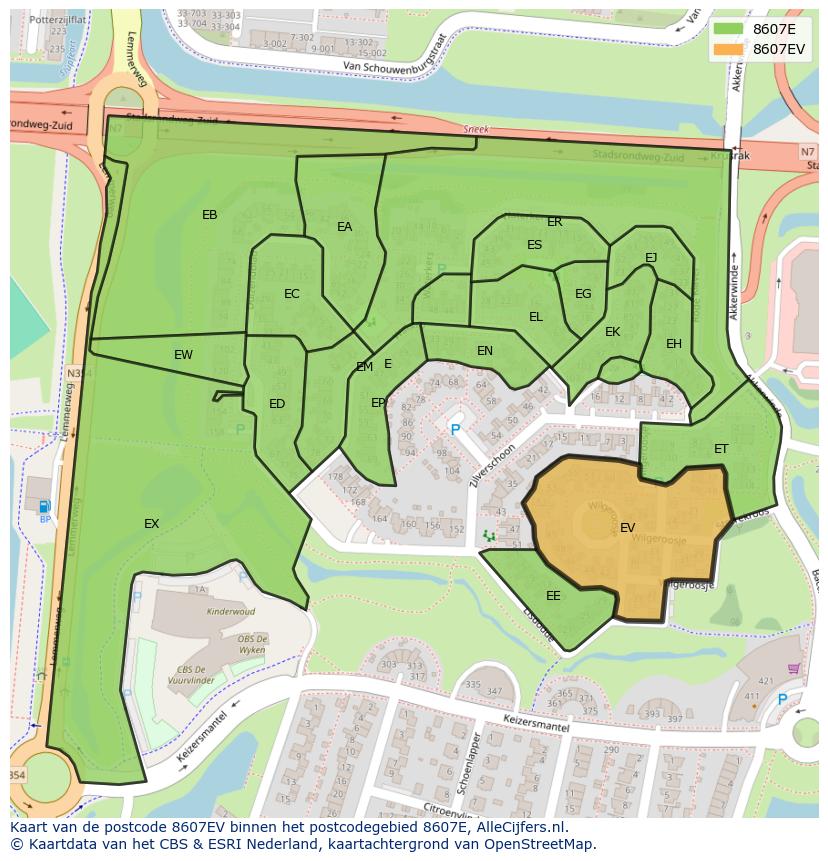 Afbeelding van het postcodegebied 8607 EV op de kaart.
