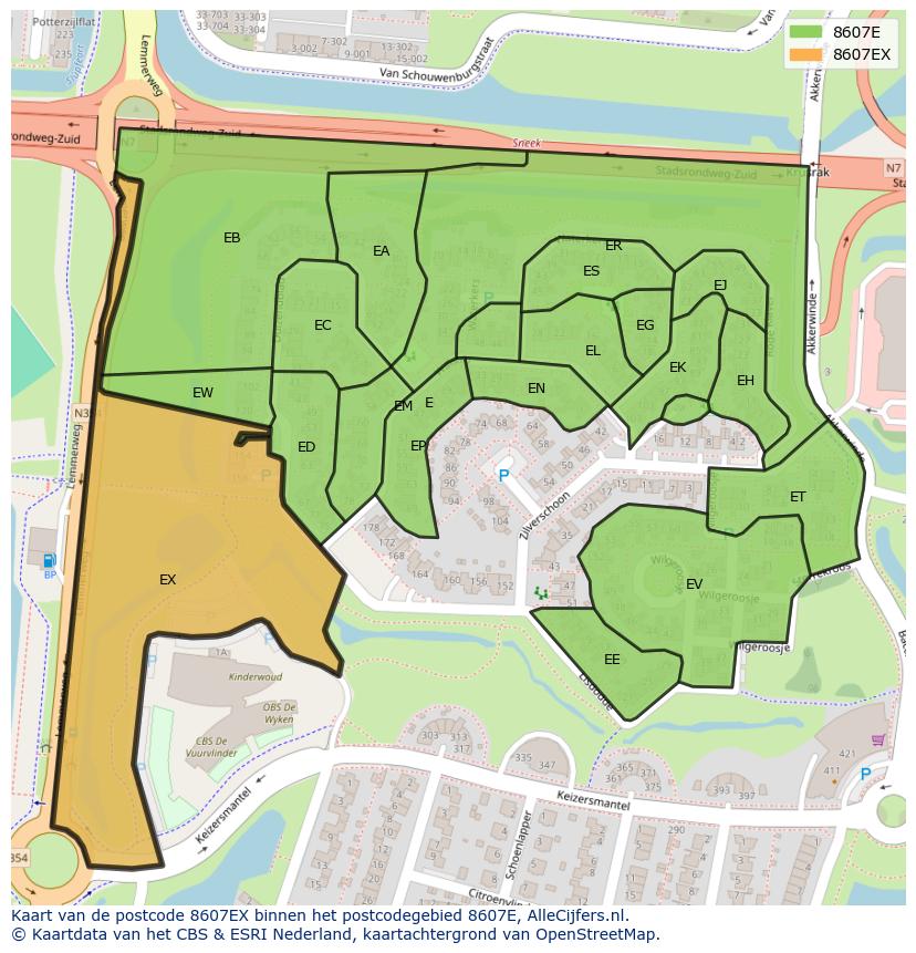 Afbeelding van het postcodegebied 8607 EX op de kaart.