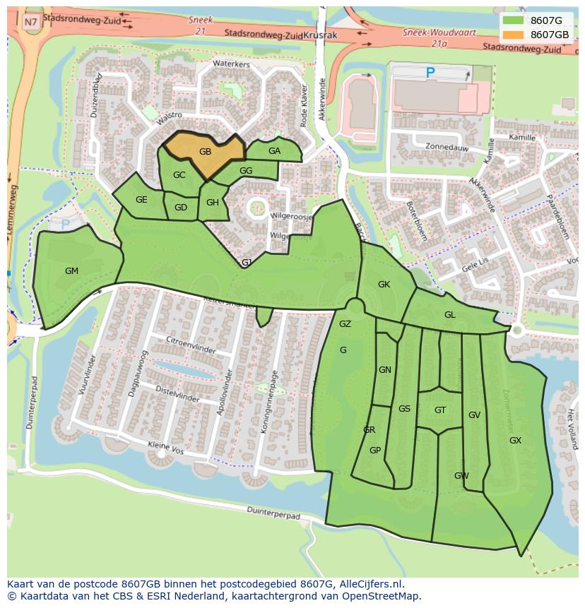 Afbeelding van het postcodegebied 8607 GB op de kaart.