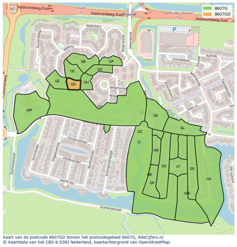 Afbeelding van het postcodegebied 8607 GD op de kaart.