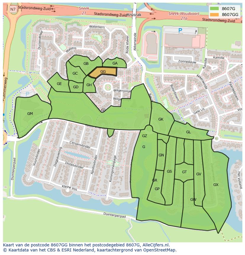 Afbeelding van het postcodegebied 8607 GG op de kaart.