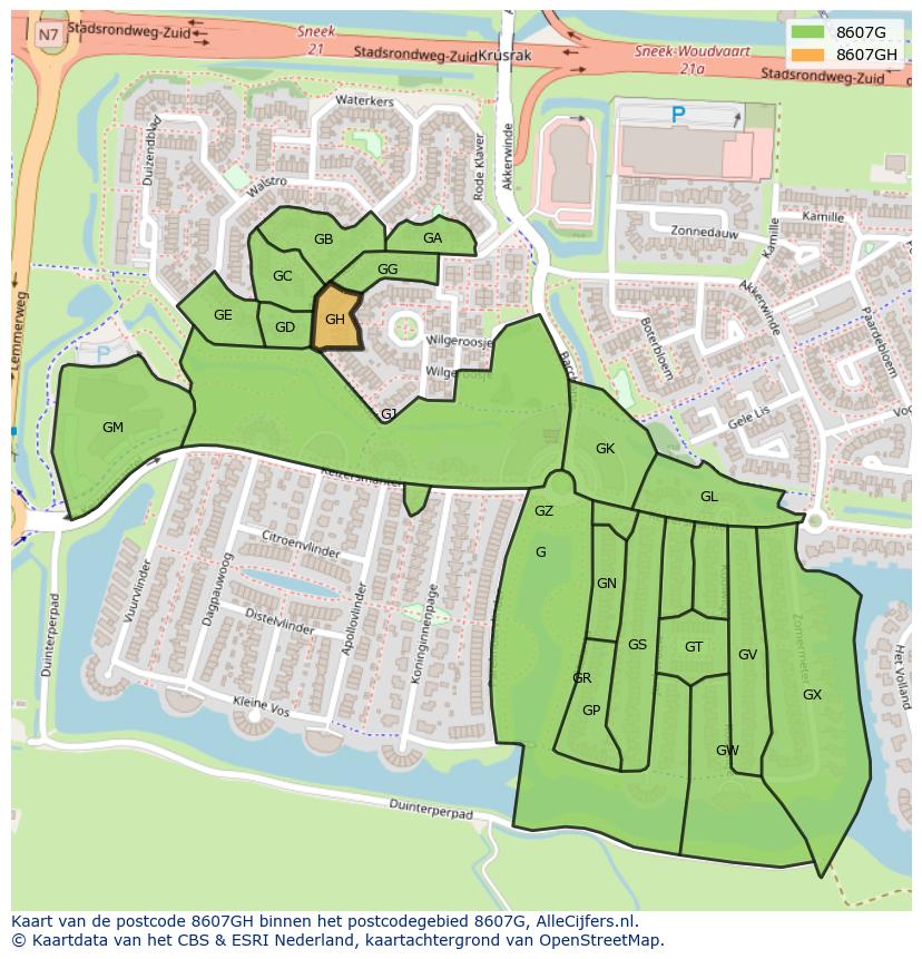 Afbeelding van het postcodegebied 8607 GH op de kaart.