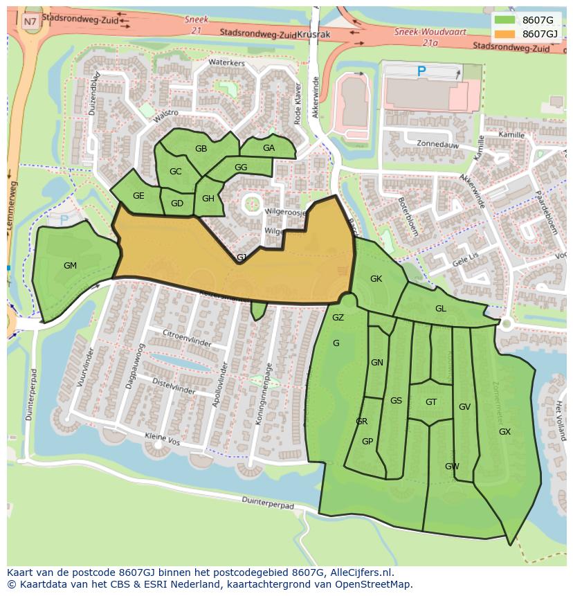 Afbeelding van het postcodegebied 8607 GJ op de kaart.