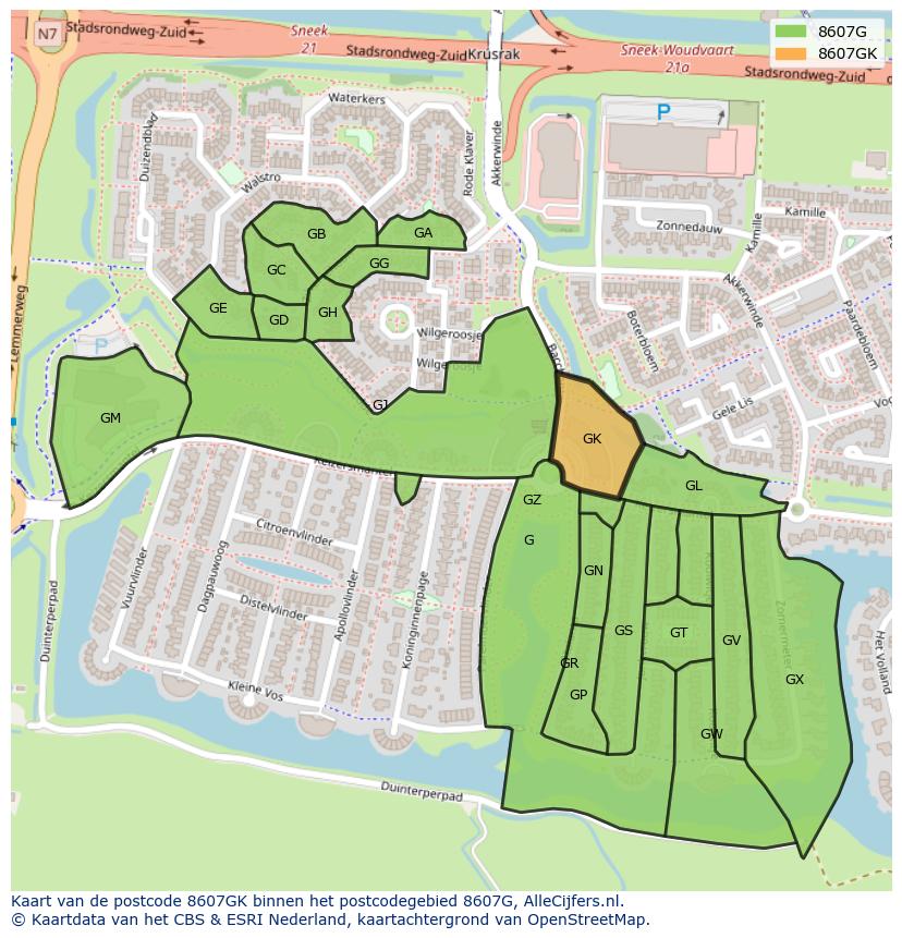 Afbeelding van het postcodegebied 8607 GK op de kaart.