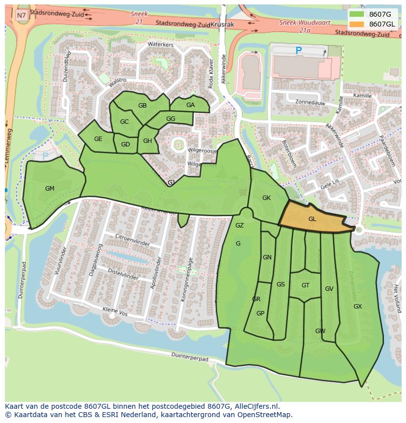 Afbeelding van het postcodegebied 8607 GL op de kaart.