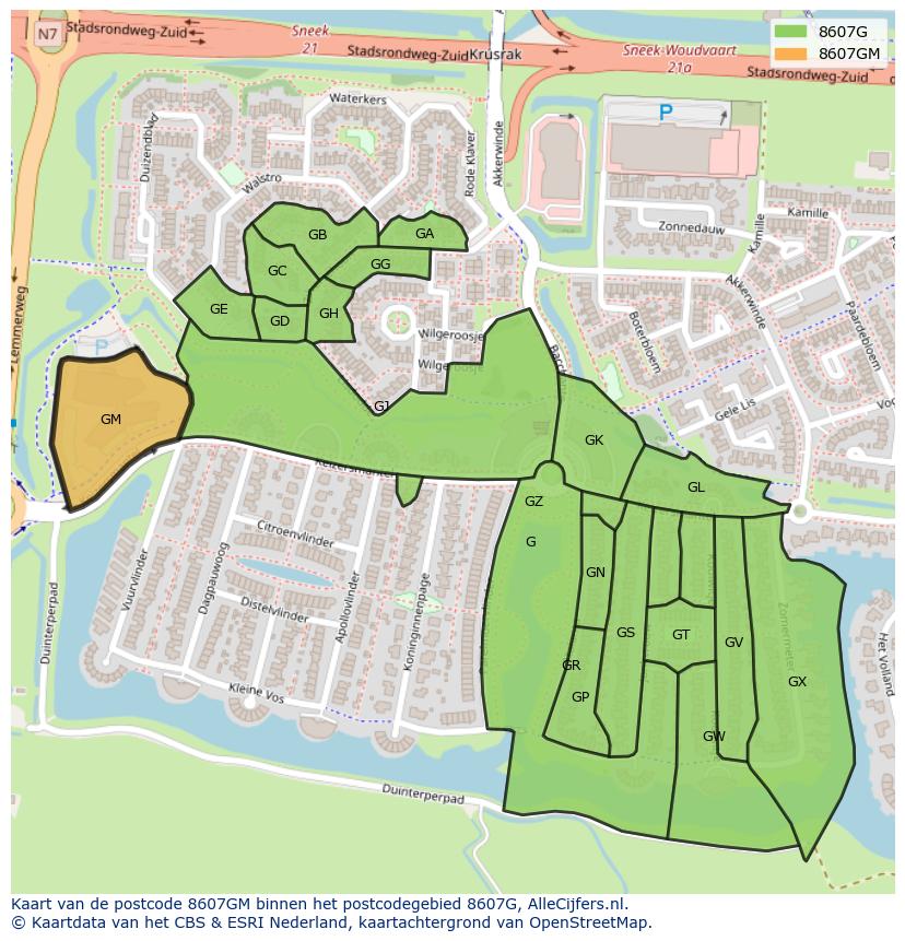 Afbeelding van het postcodegebied 8607 GM op de kaart.