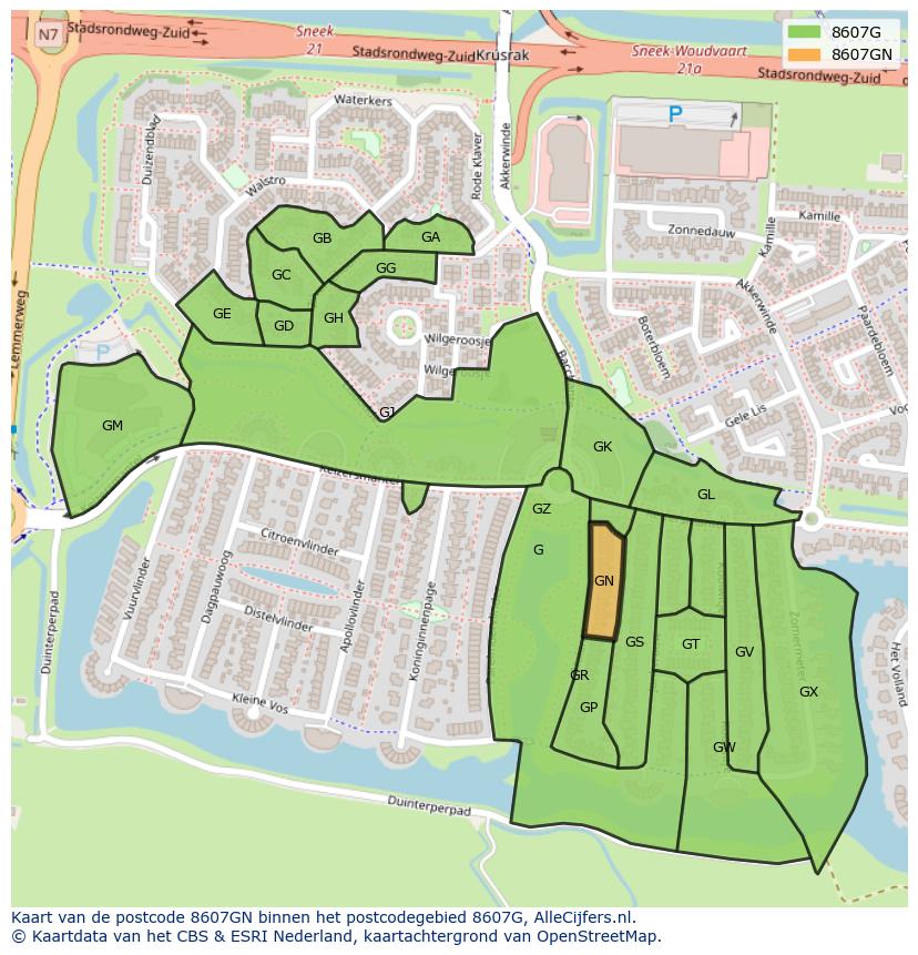 Afbeelding van het postcodegebied 8607 GN op de kaart.