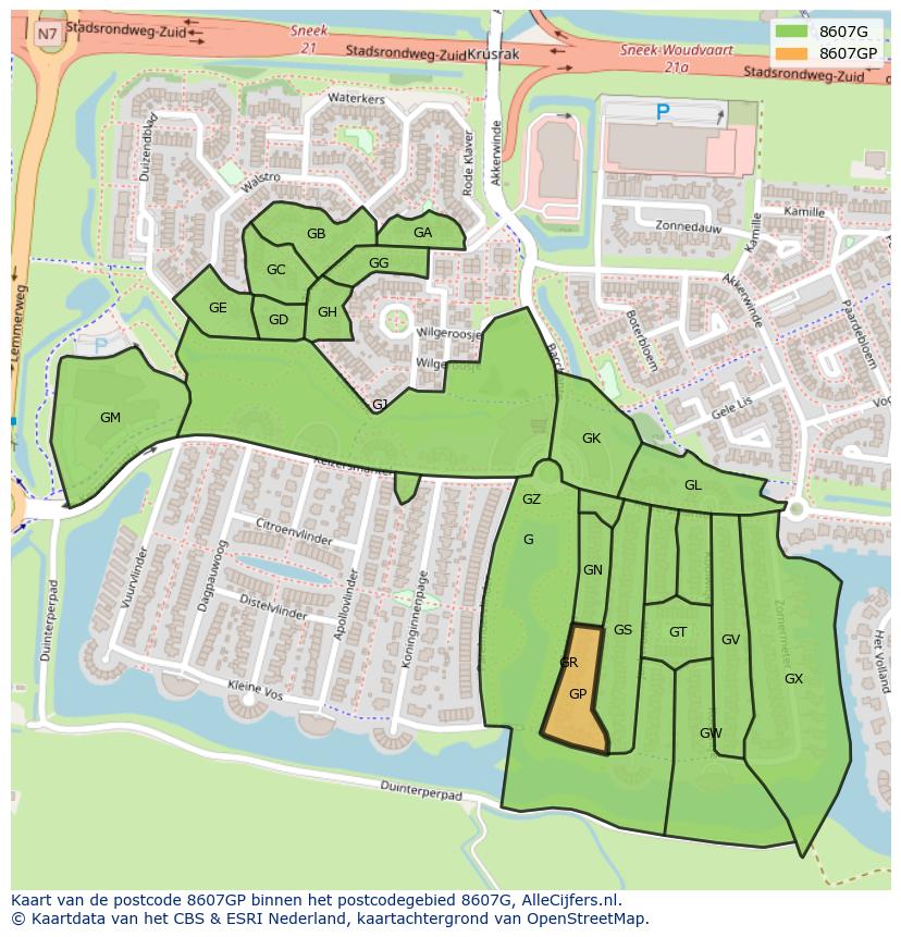 Afbeelding van het postcodegebied 8607 GP op de kaart.