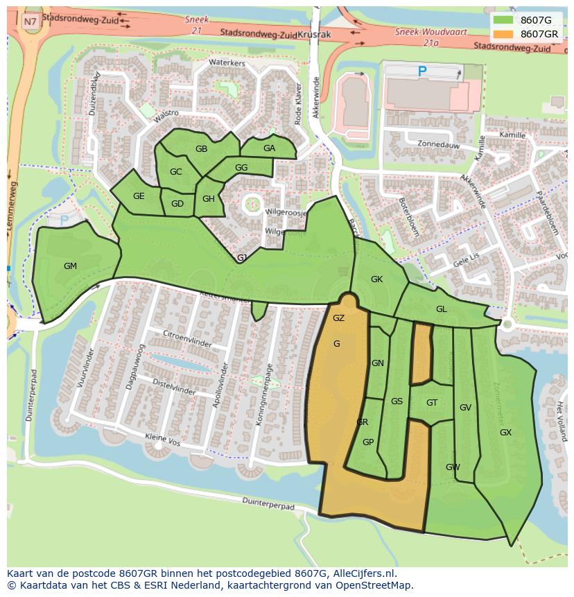 Afbeelding van het postcodegebied 8607 GR op de kaart.
