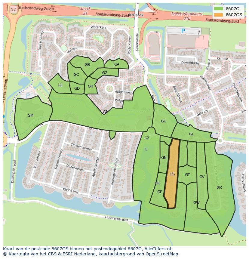 Afbeelding van het postcodegebied 8607 GS op de kaart.