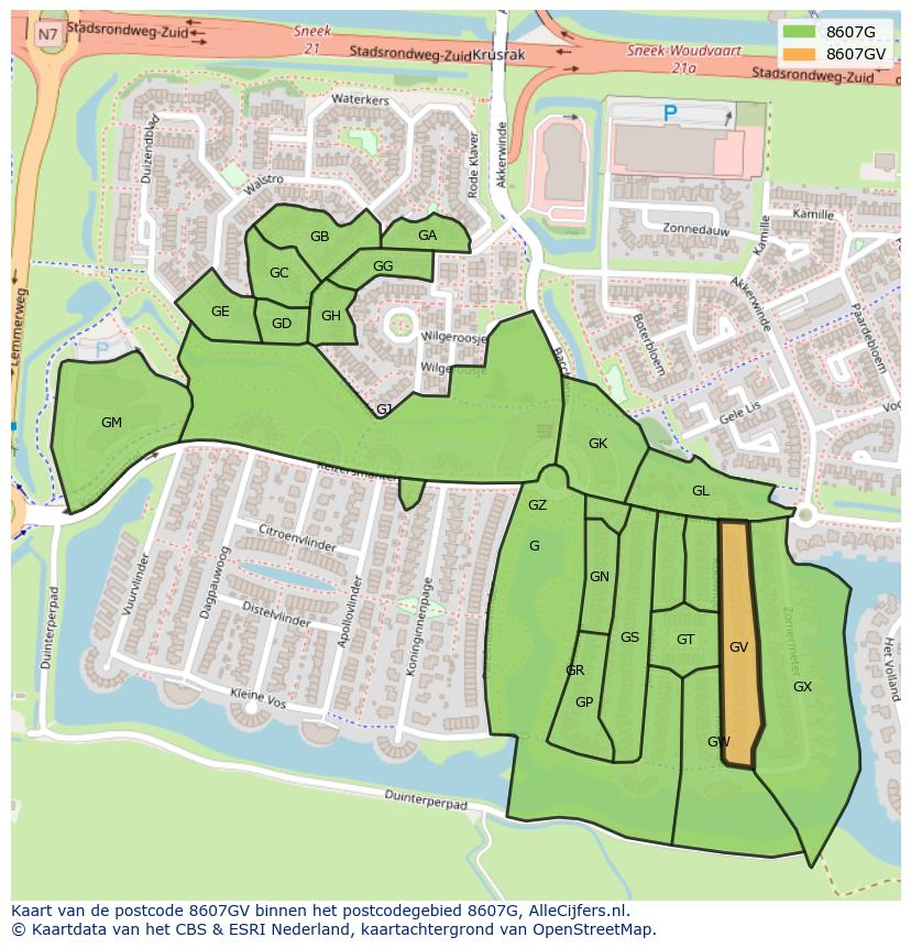 Afbeelding van het postcodegebied 8607 GV op de kaart.