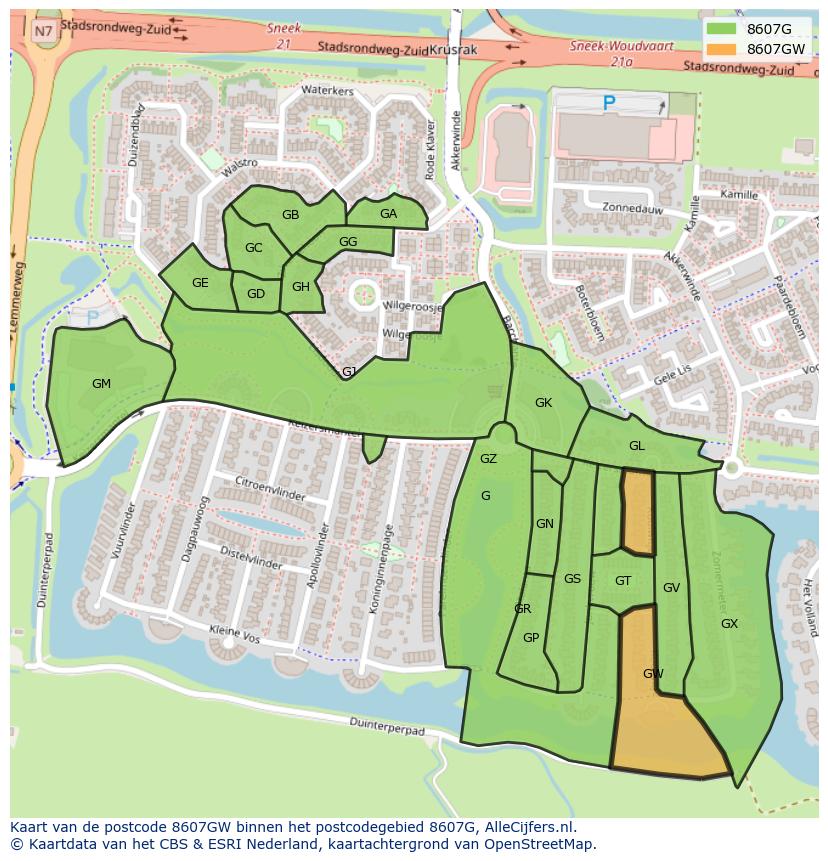 Afbeelding van het postcodegebied 8607 GW op de kaart.
