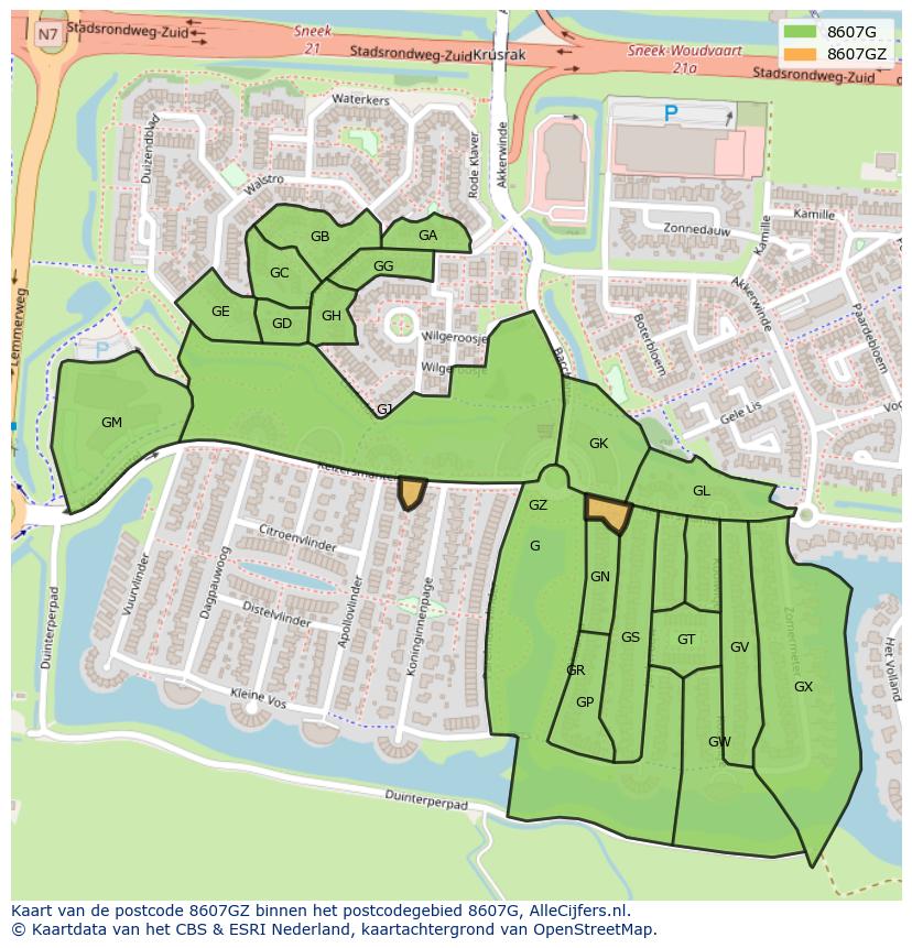 Afbeelding van het postcodegebied 8607 GZ op de kaart.