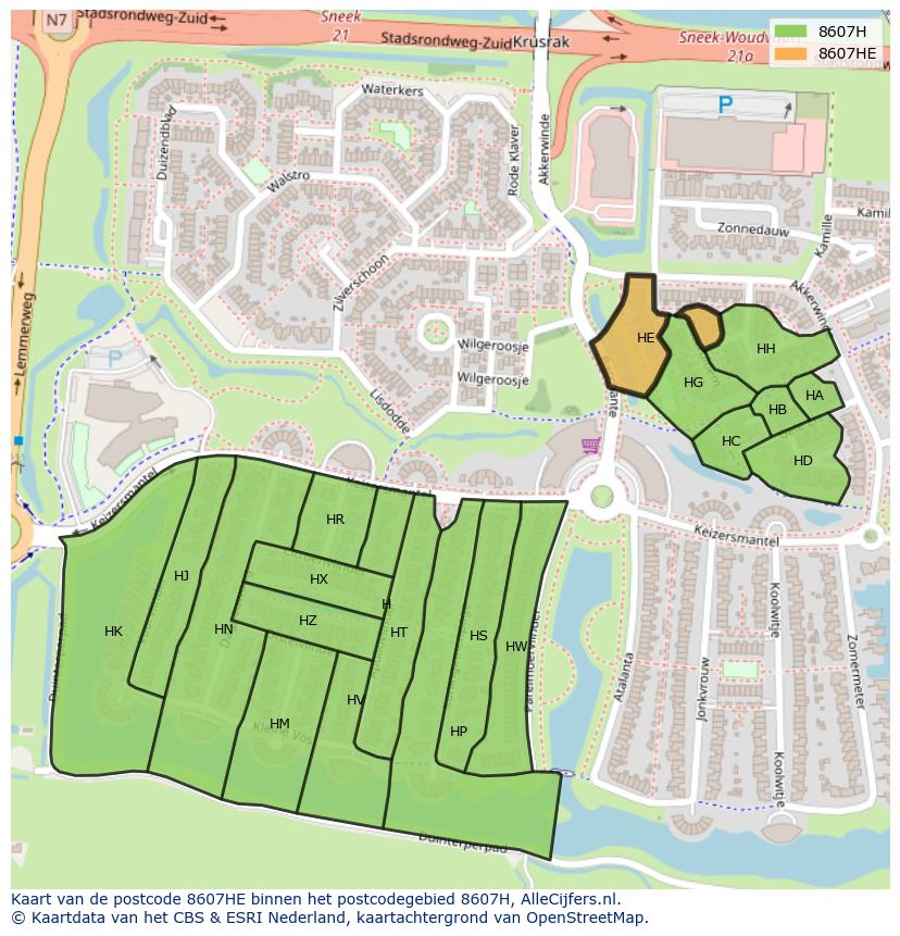 Afbeelding van het postcodegebied 8607 HE op de kaart.