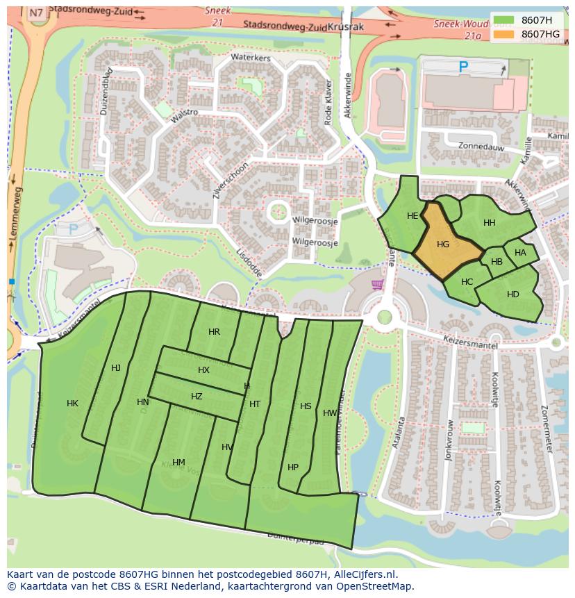 Afbeelding van het postcodegebied 8607 HG op de kaart.