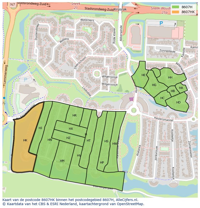 Afbeelding van het postcodegebied 8607 HK op de kaart.