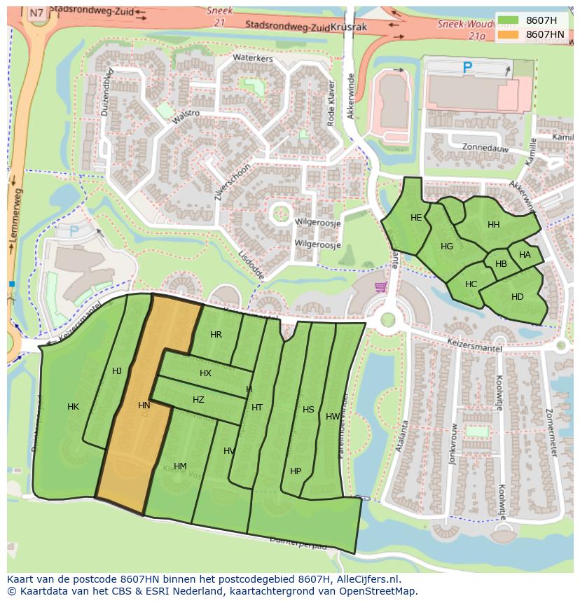 Afbeelding van het postcodegebied 8607 HN op de kaart.