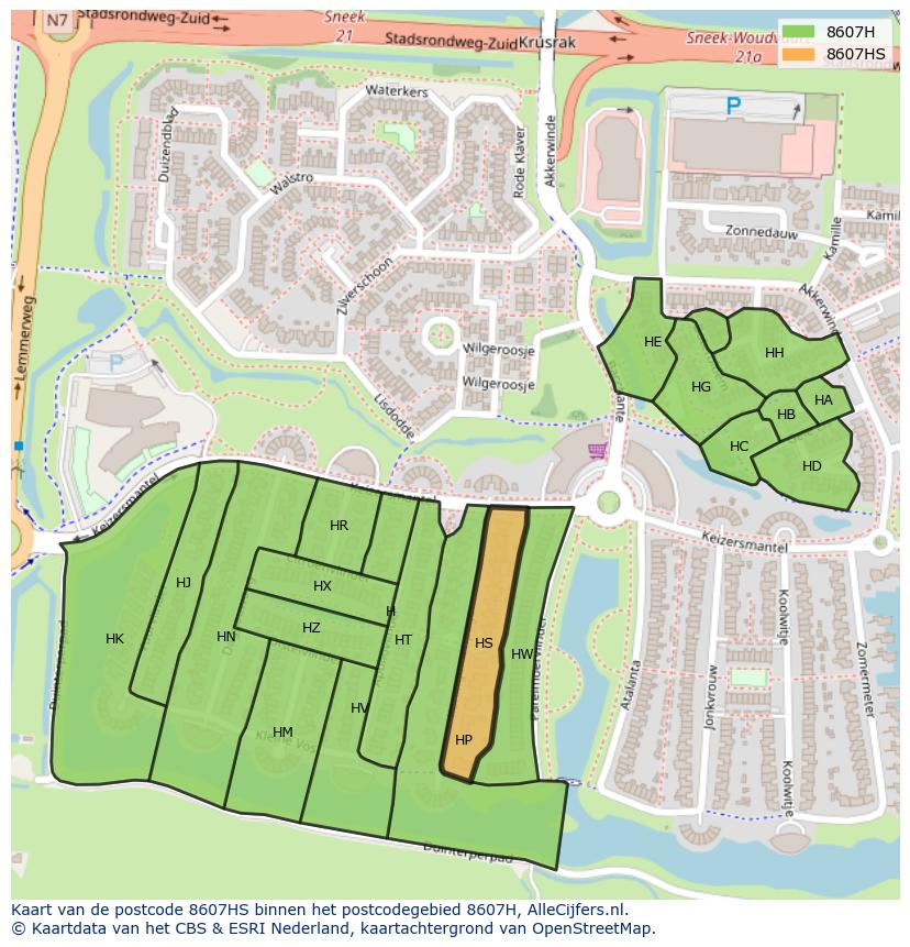 Afbeelding van het postcodegebied 8607 HS op de kaart.