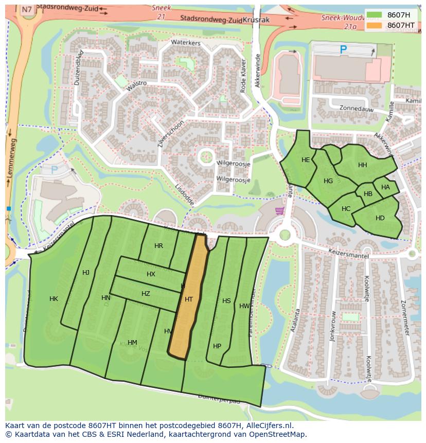 Afbeelding van het postcodegebied 8607 HT op de kaart.