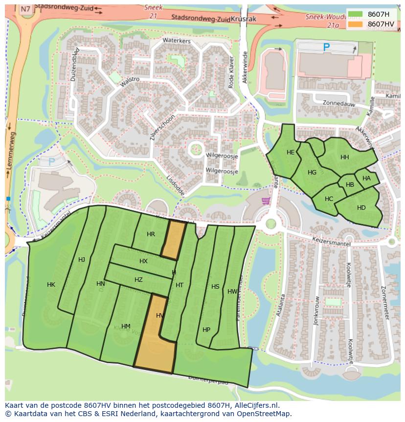 Afbeelding van het postcodegebied 8607 HV op de kaart.