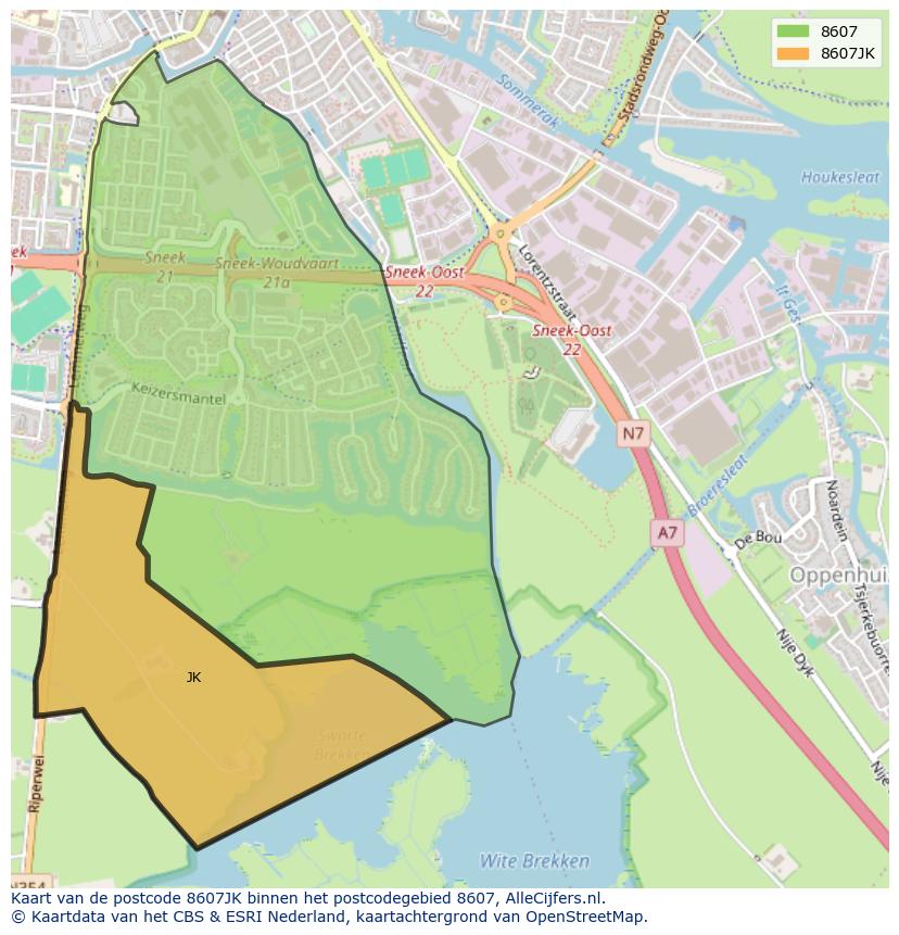 Afbeelding van het postcodegebied 8607 JK op de kaart.