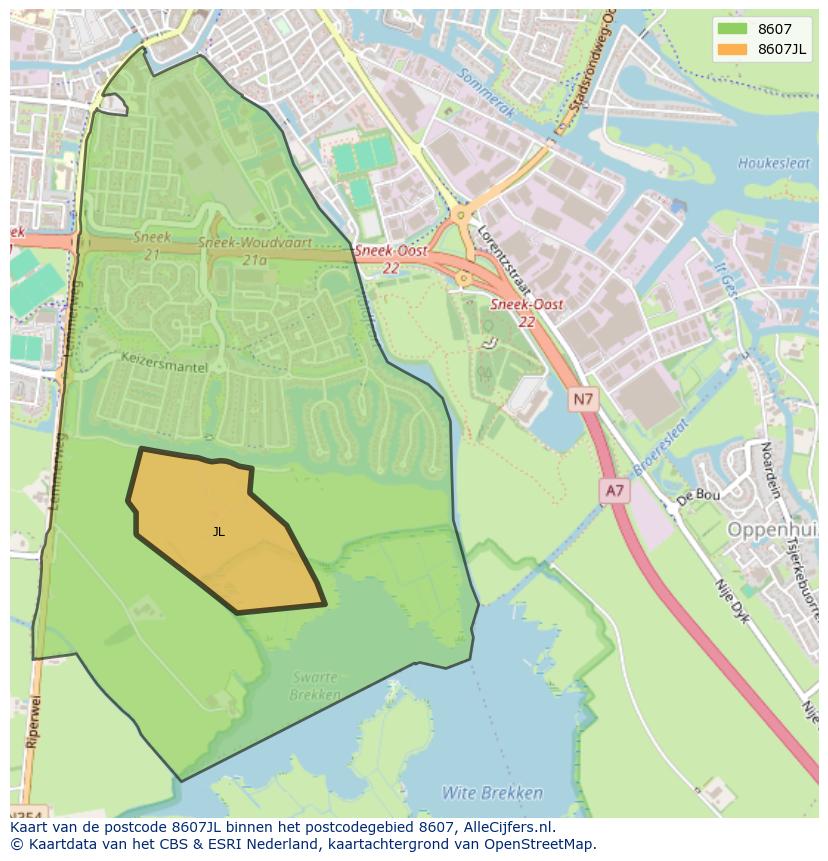 Afbeelding van het postcodegebied 8607 JL op de kaart.