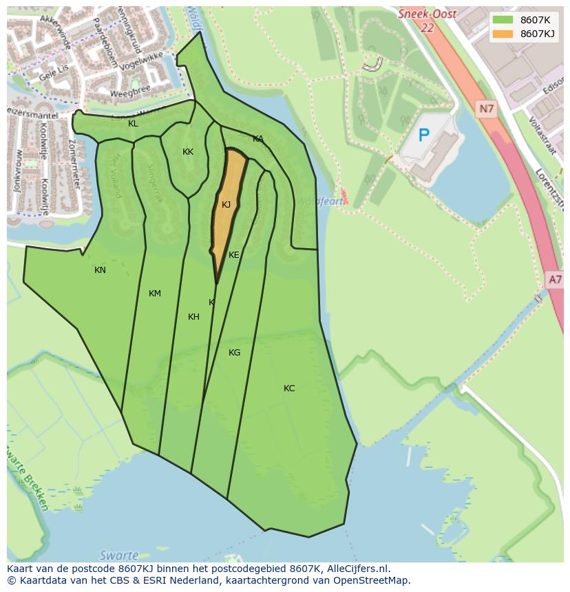 Afbeelding van het postcodegebied 8607 KJ op de kaart.