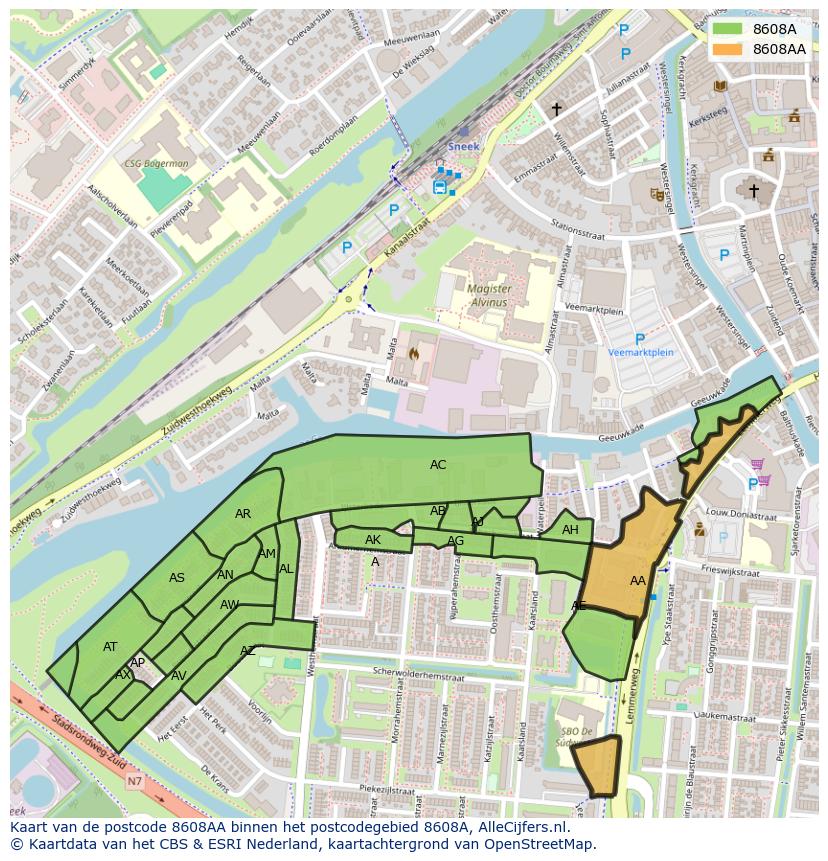 Afbeelding van het postcodegebied 8608 AA op de kaart.