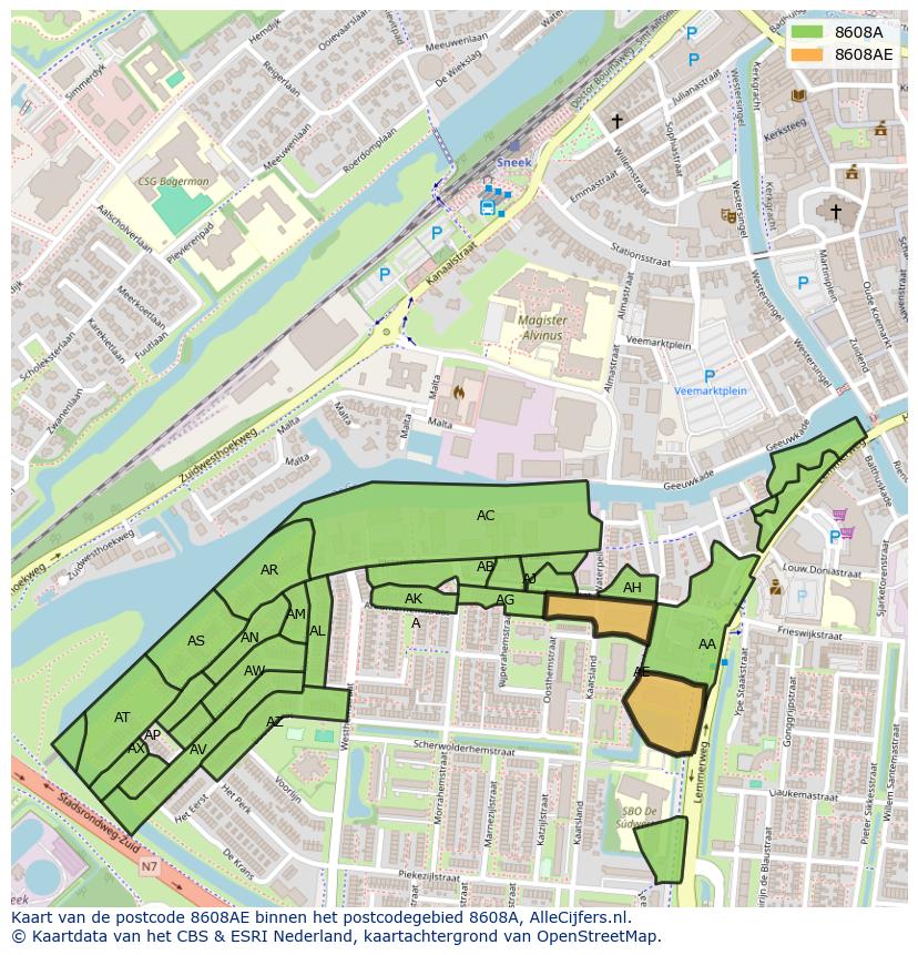 Afbeelding van het postcodegebied 8608 AE op de kaart.