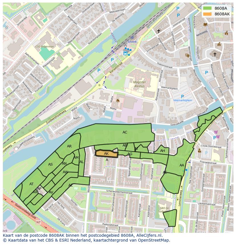 Afbeelding van het postcodegebied 8608 AK op de kaart.