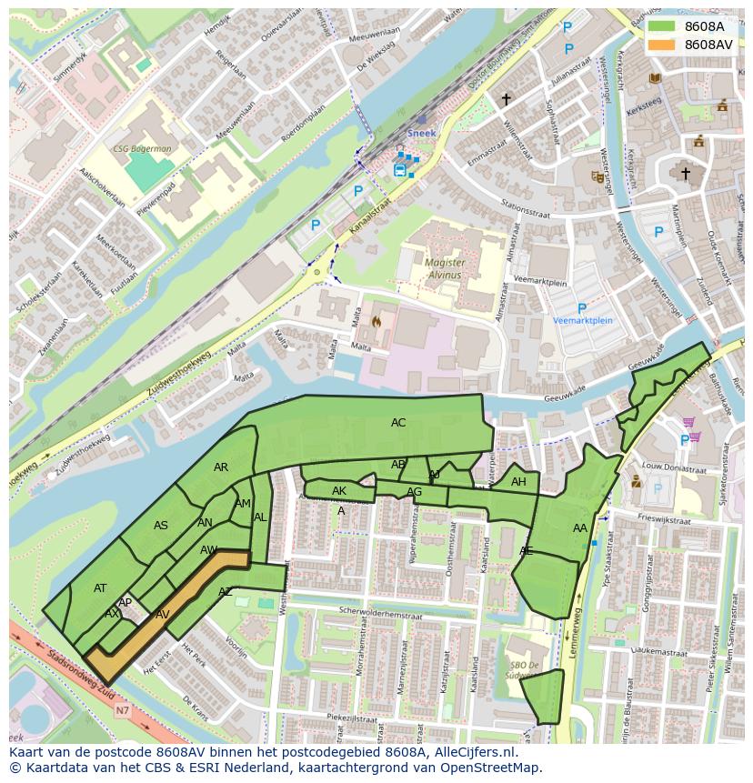 Afbeelding van het postcodegebied 8608 AV op de kaart.