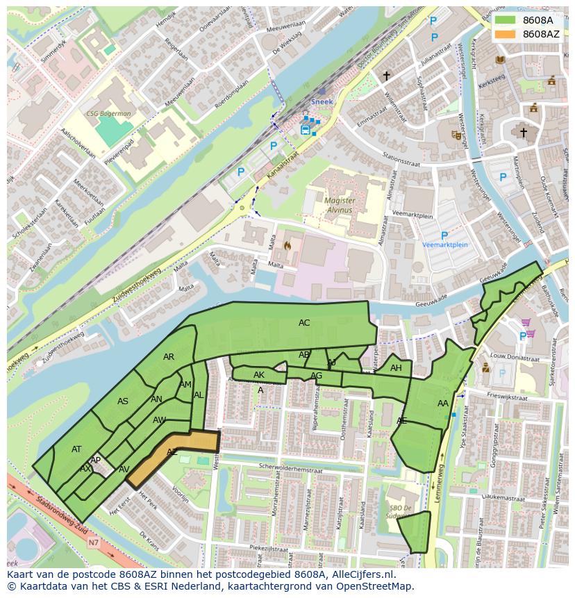 Afbeelding van het postcodegebied 8608 AZ op de kaart.