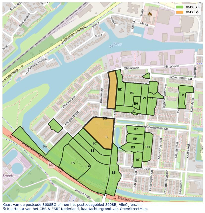 Afbeelding van het postcodegebied 8608 BG op de kaart.