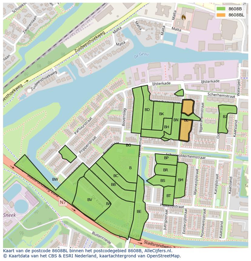 Afbeelding van het postcodegebied 8608 BL op de kaart.