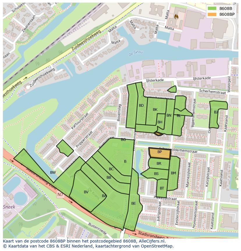Afbeelding van het postcodegebied 8608 BP op de kaart.