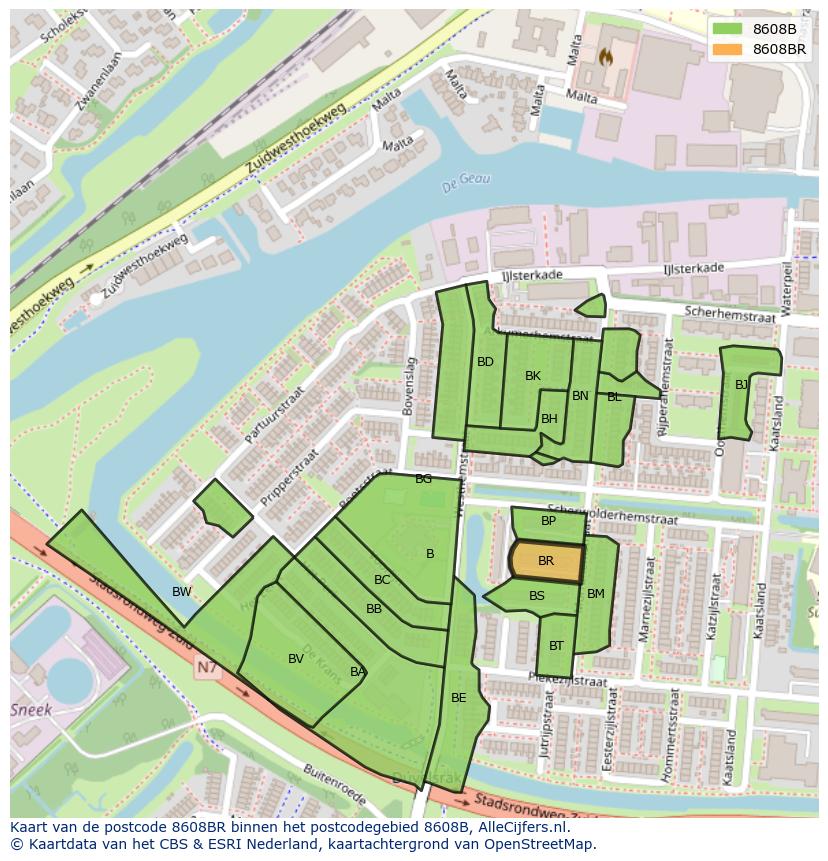 Afbeelding van het postcodegebied 8608 BR op de kaart.