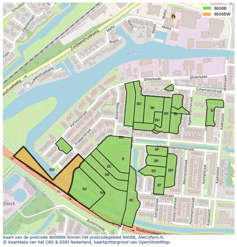Afbeelding van het postcodegebied 8608 BW op de kaart.