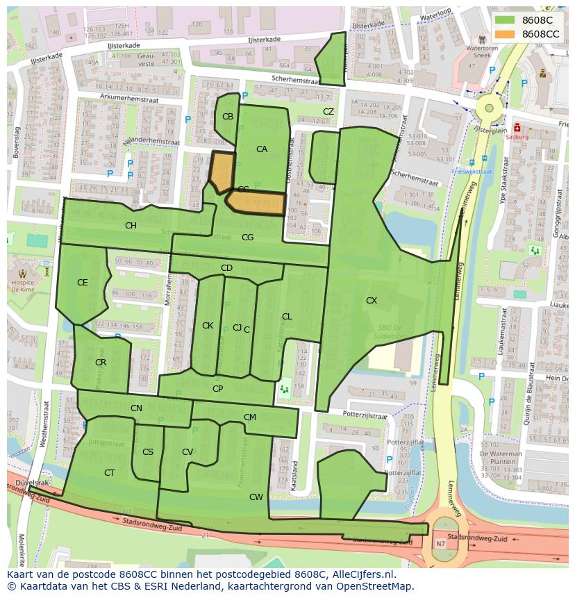 Afbeelding van het postcodegebied 8608 CC op de kaart.
