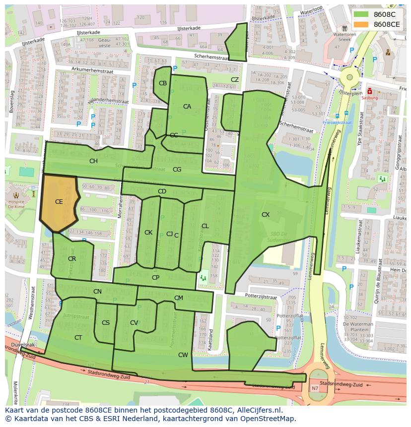 Afbeelding van het postcodegebied 8608 CE op de kaart.