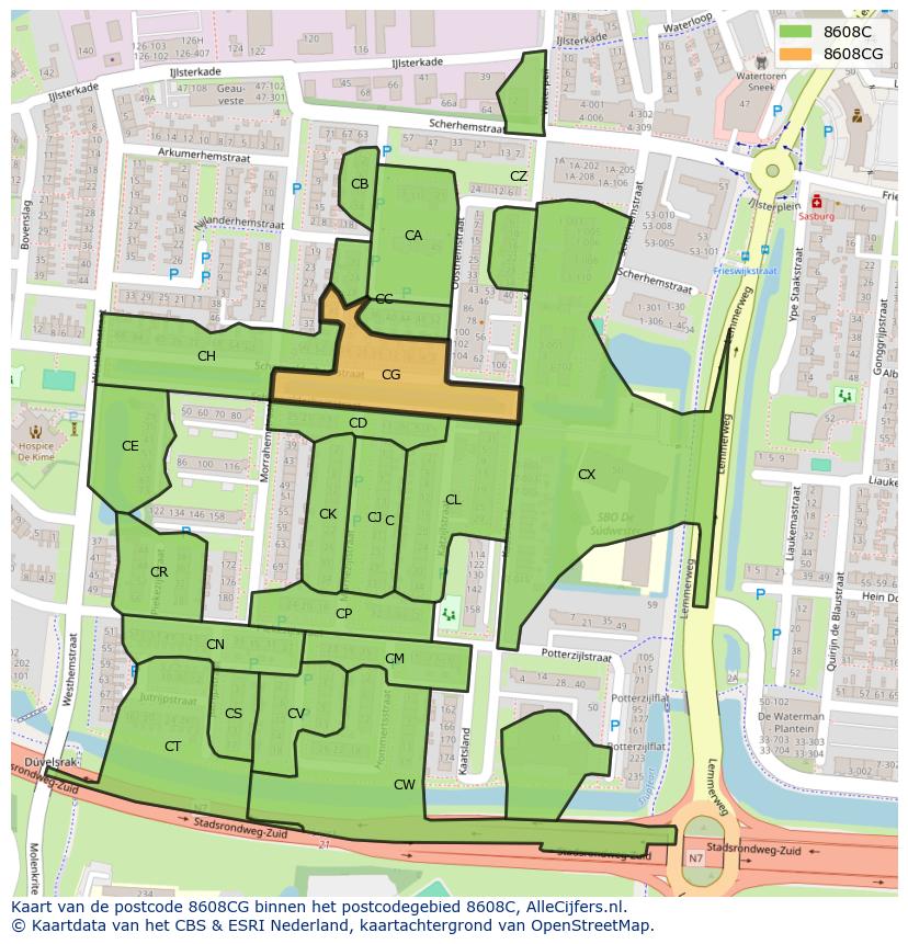 Afbeelding van het postcodegebied 8608 CG op de kaart.