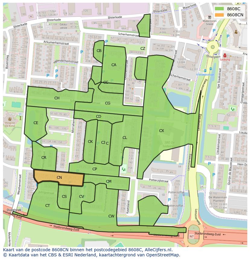 Afbeelding van het postcodegebied 8608 CN op de kaart.