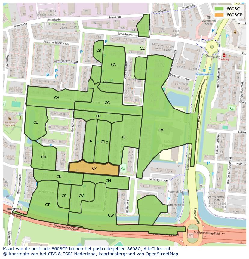 Afbeelding van het postcodegebied 8608 CP op de kaart.
