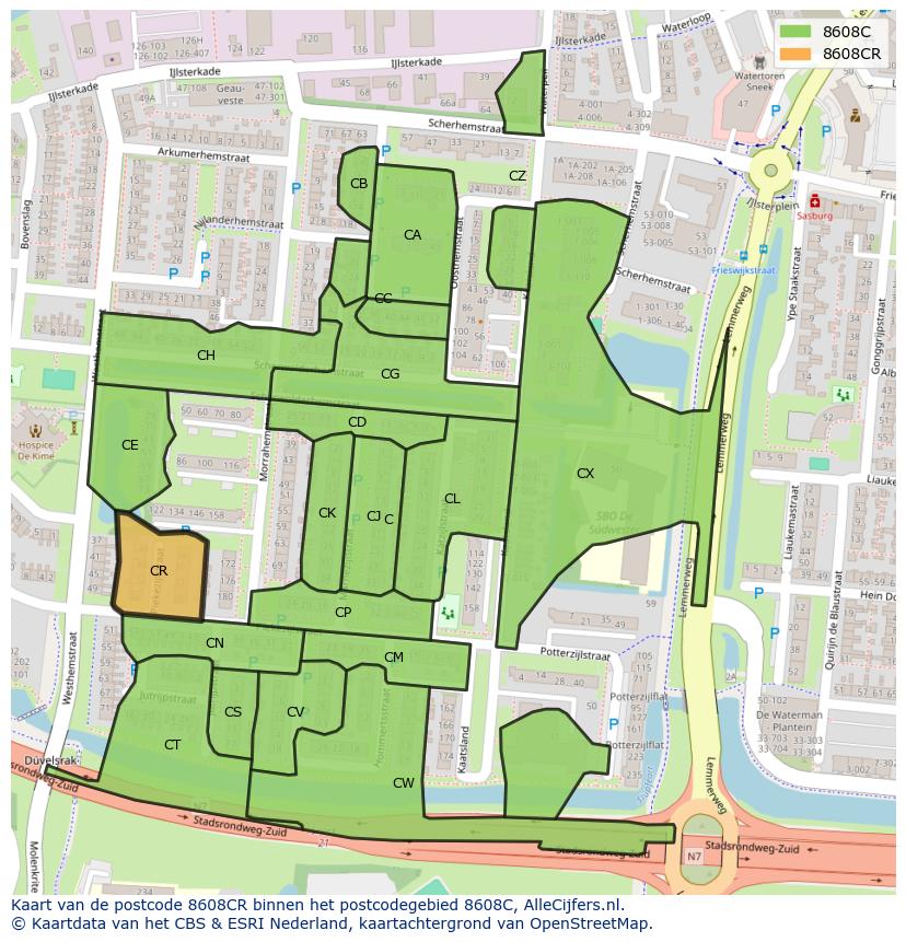 Afbeelding van het postcodegebied 8608 CR op de kaart.